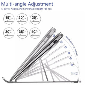 Adjustable aluminum laptop stand showcasing multi-angle settings for ergonomic comfort.